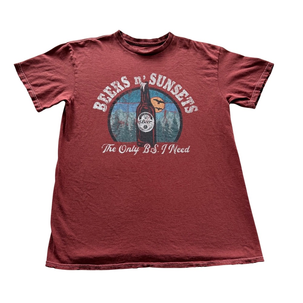 American Highway Beers N' Sunsets Graphic T-Shirt Burgundy Men's XL Beer Tee